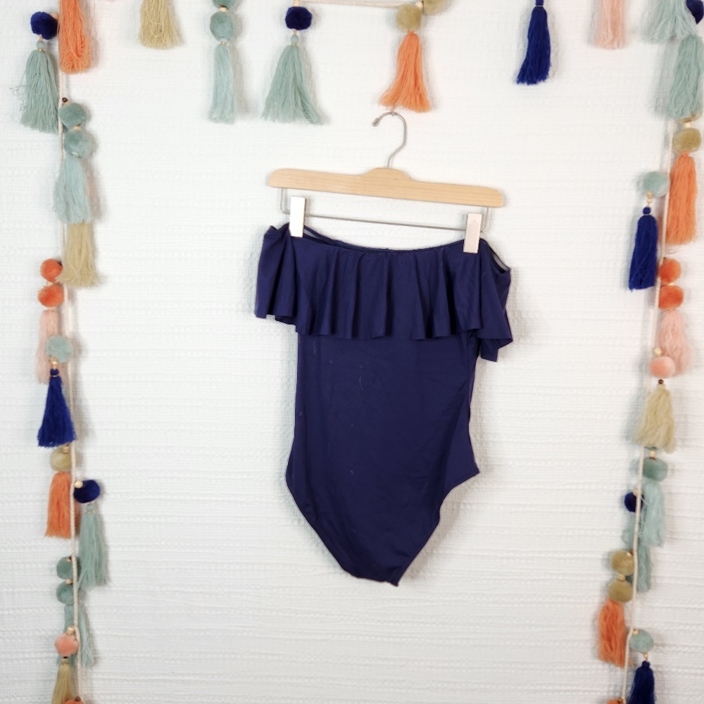 Off-Shoulder Ruffle One-Piece Swimsuit - Navy - Picture 3 of 4